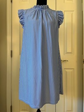 Jude Connally Blue & White Stripe Ruffle Neck Dress – Size M EUC